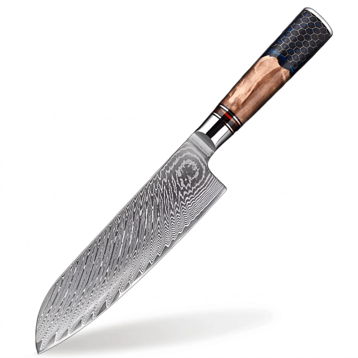 Damascus Steel  7 inch Santoku knife with Blue Resin Honeycomb Handle