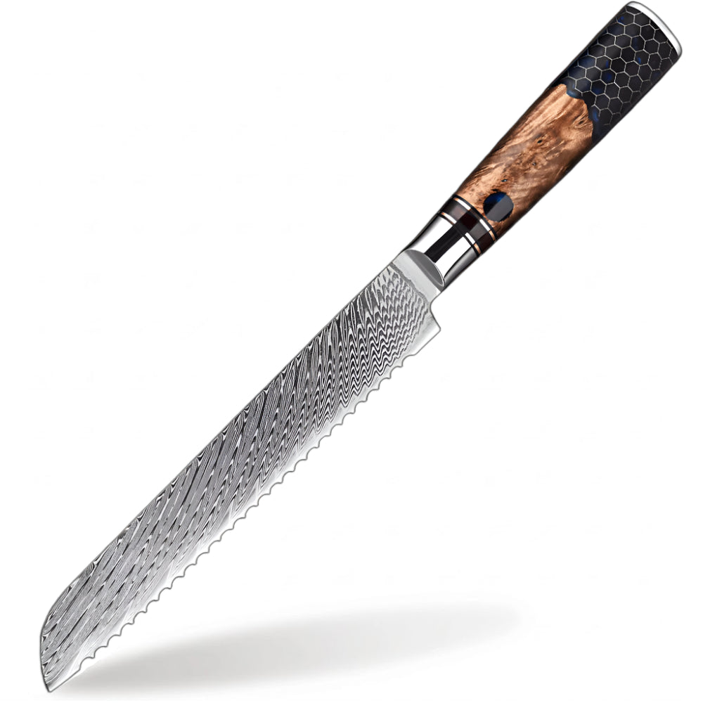 Damascus Steel  8 inch Bread knife with Blue Resin Honeycomb Handle