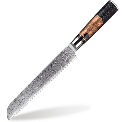 Damascus Steel  8 inch Bread knife with Blue Resin Honeycomb Handle
