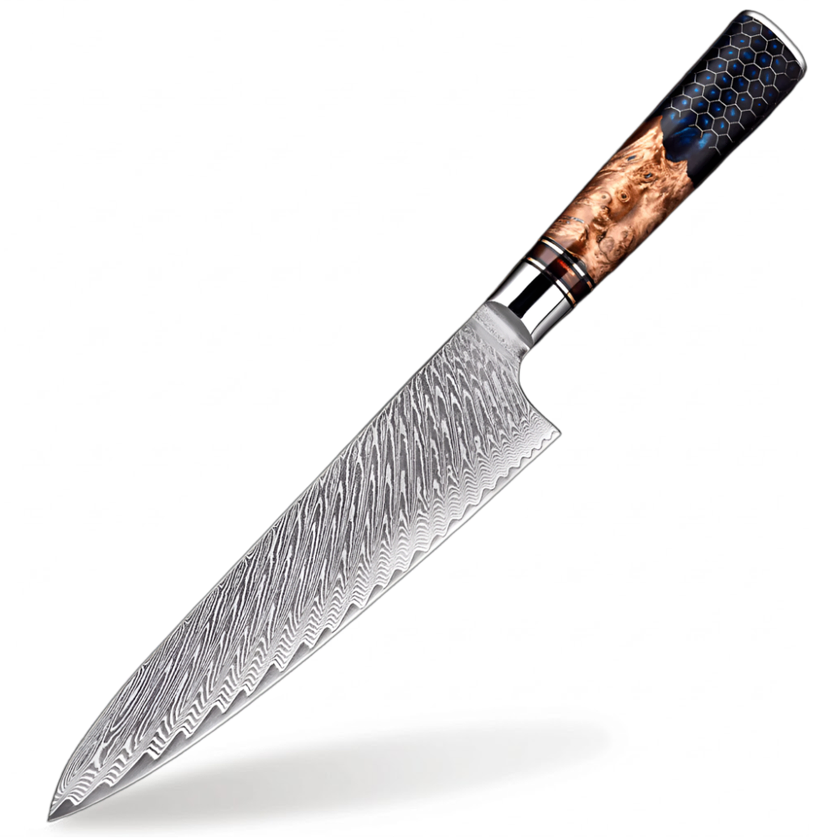 Damascus Steel  8 inch Chef knife with Blue Resin Honeycomb Handle