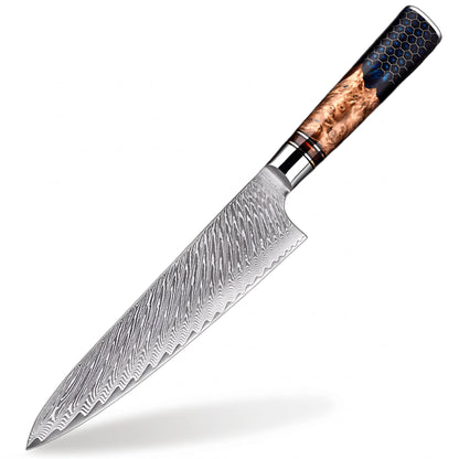 Damascus Steel  8 inch Chef knife with Blue Resin Honeycomb Handle