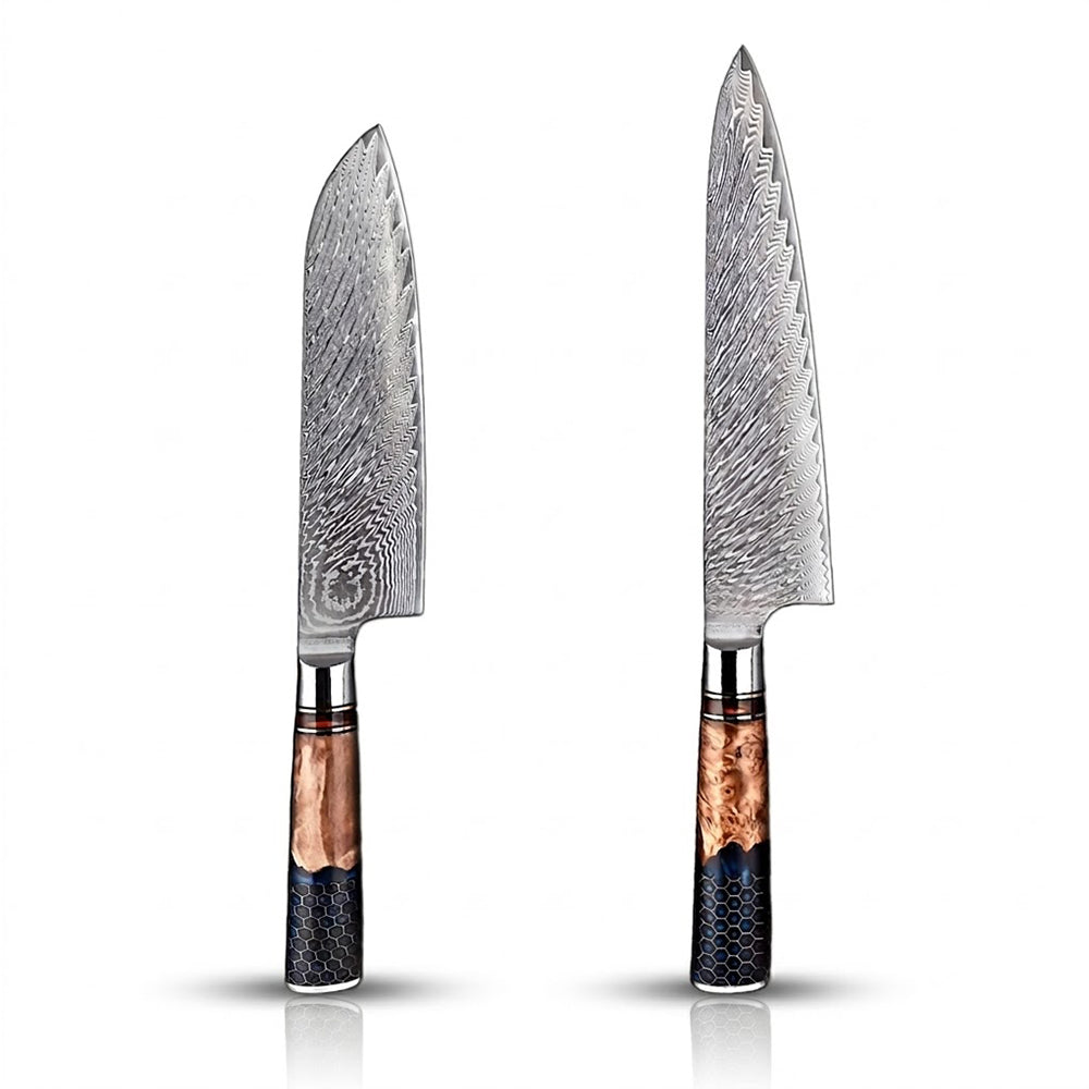 Two Damascus steel kitchen knives with wooden handles on a white background