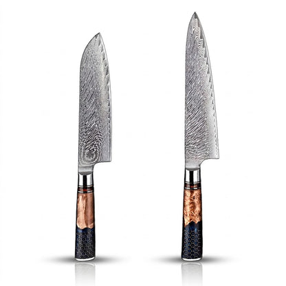 Two Damascus steel kitchen knives with wooden handles on a white background