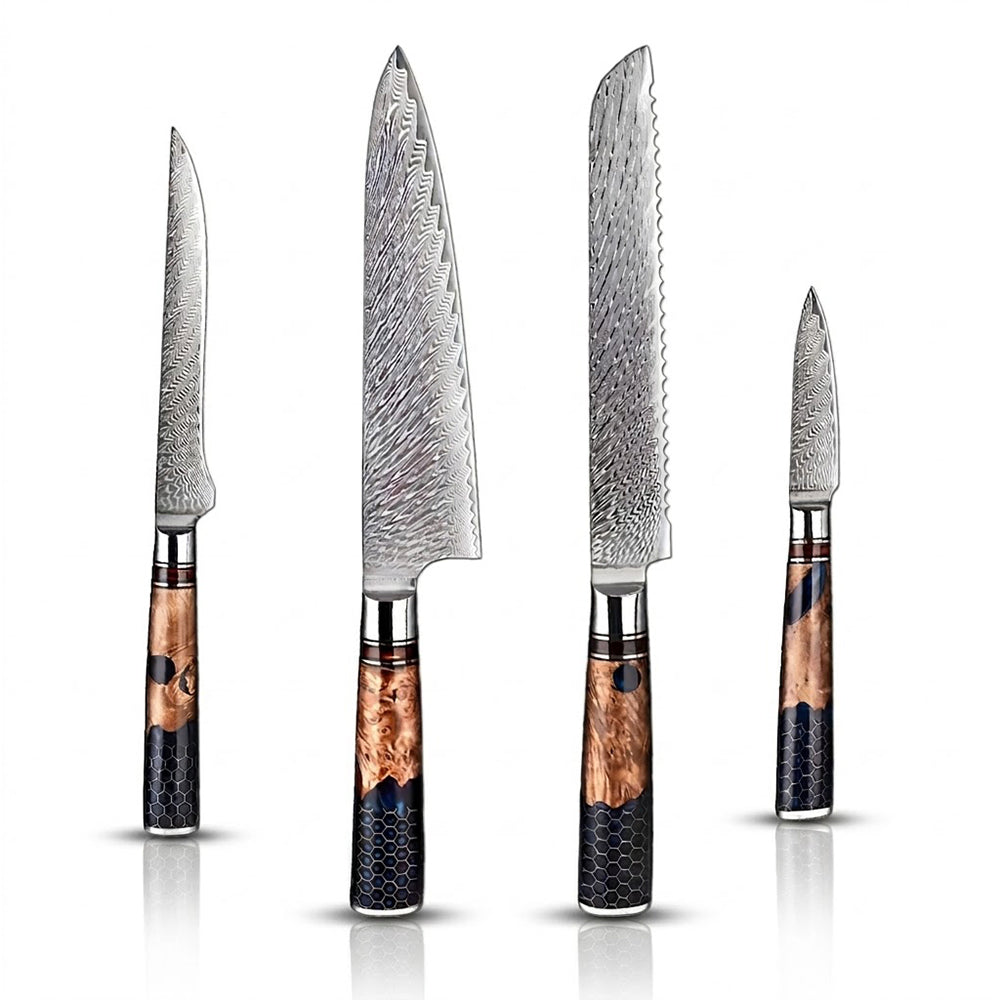 Set of four knives with wooden handles on a white background