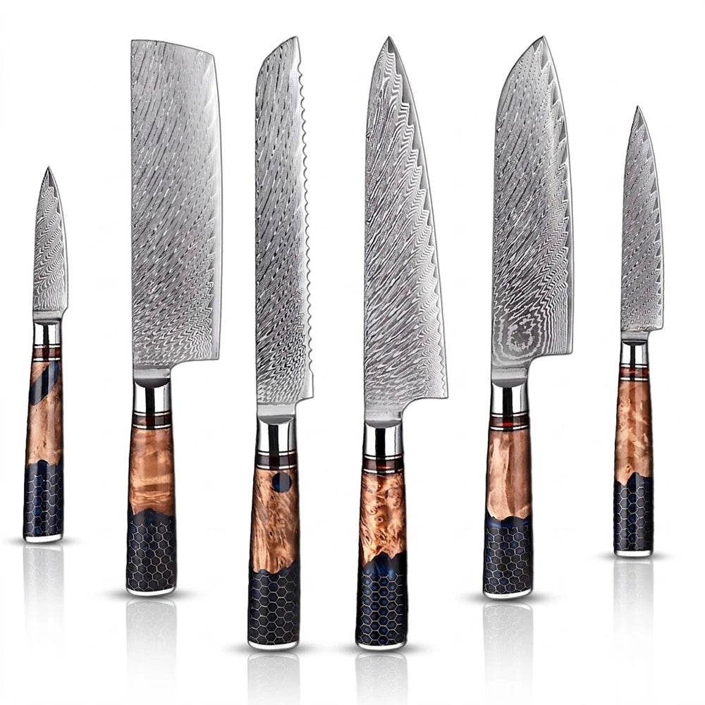 Set of six Damascus knives with wooden handles on a white background
