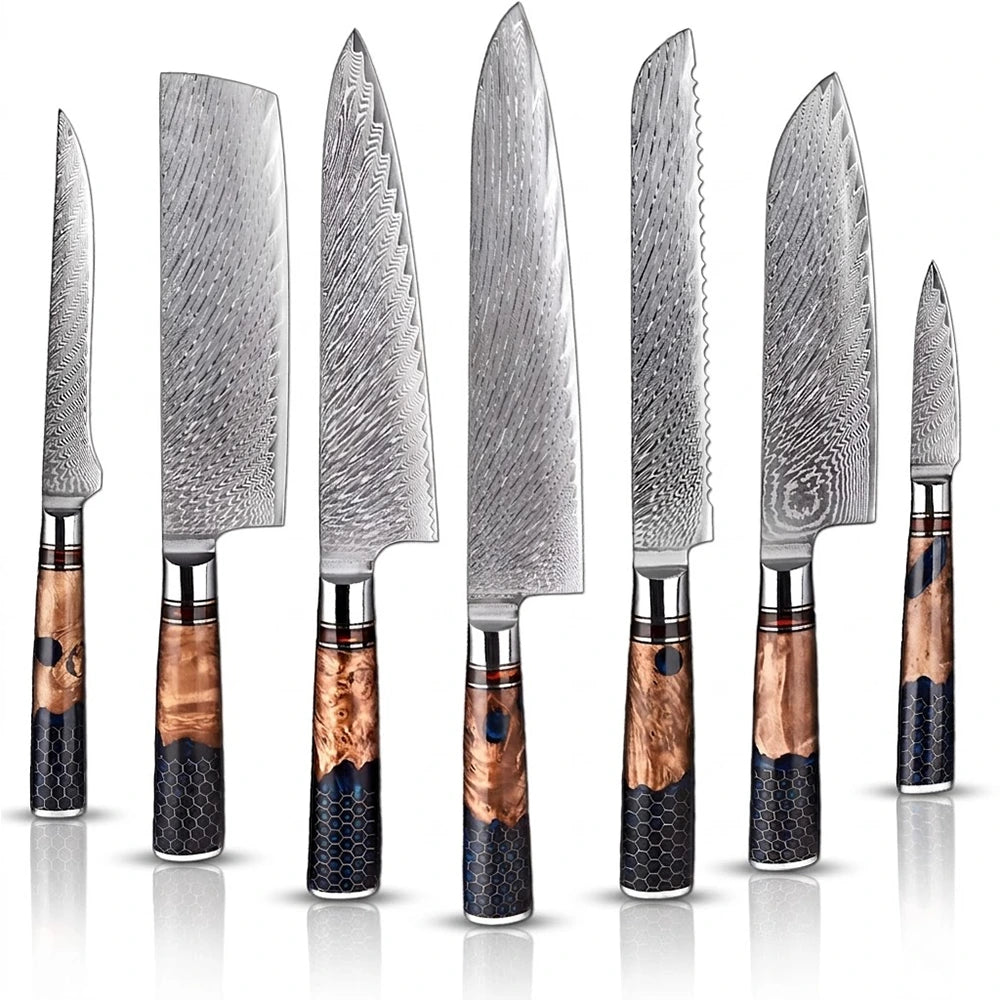 Set of seven knives with wooden handles on a white background