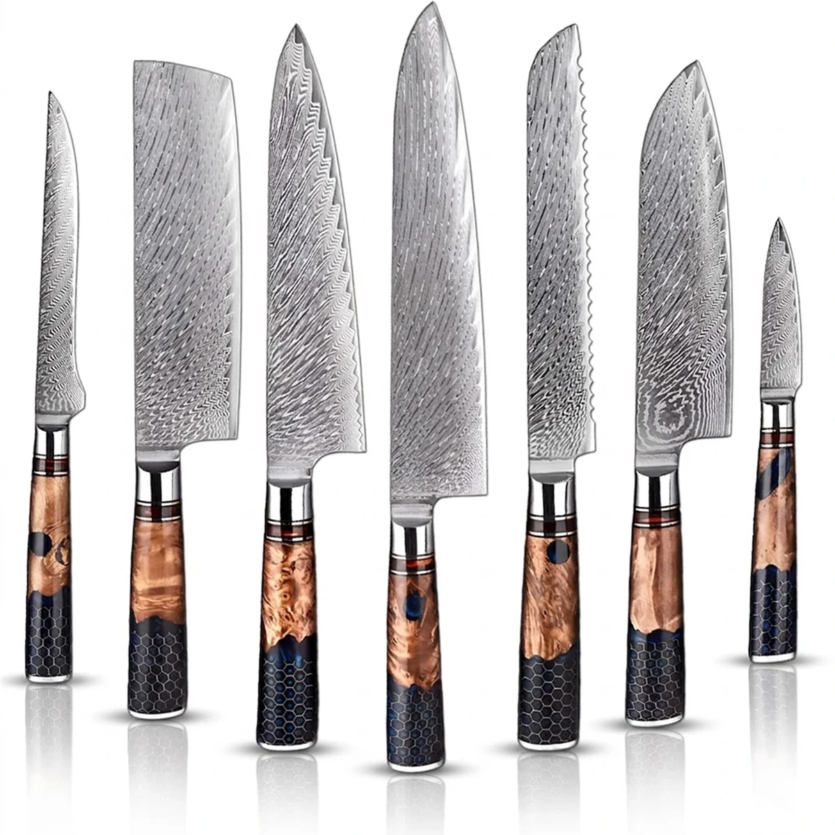 Set of seven knives with wooden handles on a white background