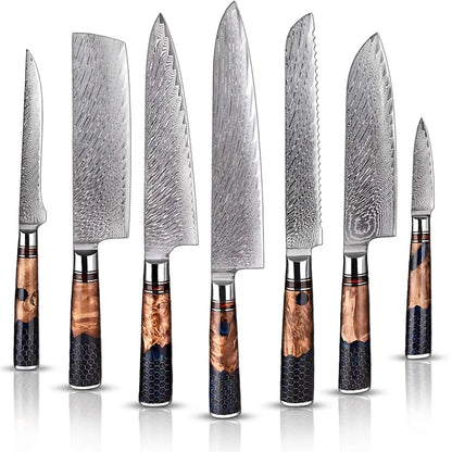 Set of seven knives with wooden handles on a white background