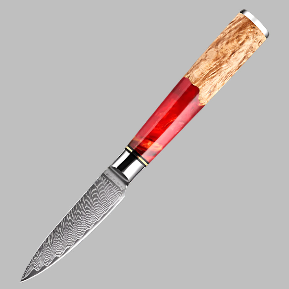 Damascus Steel 3.5 Inch Fruit Knife with Coloured Red Resin Handle - Sharp Blades