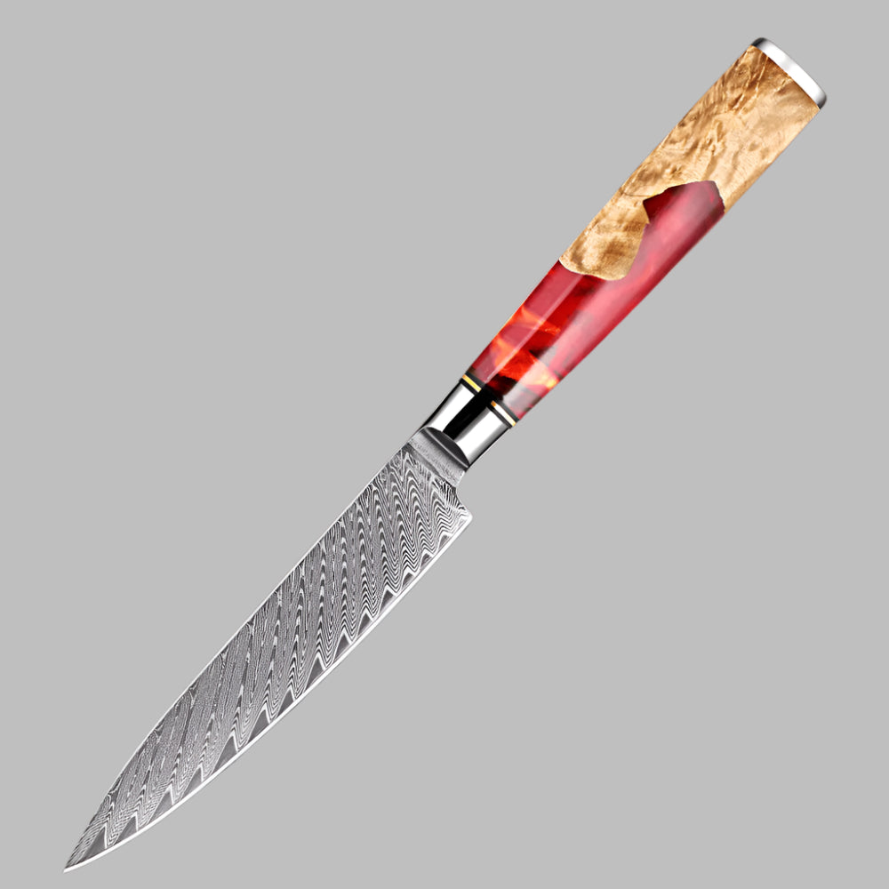 Damascus Steel 5 Inch Utility Knife with Coloured Red Resin Handle - Sharp Blades