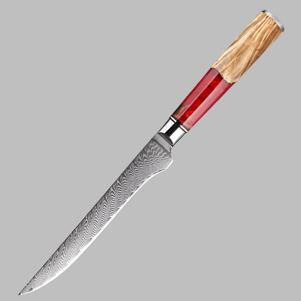 Damascus Steel 6 Inch Boning Knife with Coloured Red Resin Handle - Sharp Blades