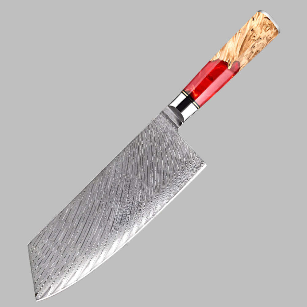 Damascus Steel 7.5 Inch Cleaver knife with Coloured Red Resin Handle - Sharp Blades