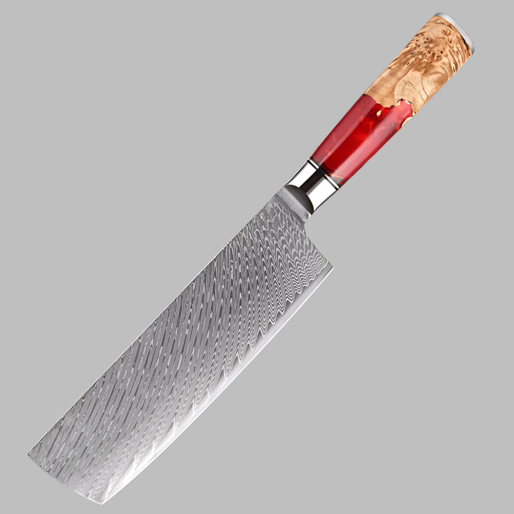 Damascus Steel 7 Inch Nakiri Knife with Coloured Red Resin Handle - Sharp Blades