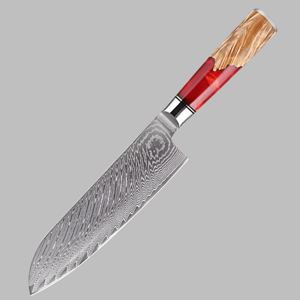 Damascus Steel 7 Inch Santoku knife with Coloured Red Resin Handle - Sharp Blades