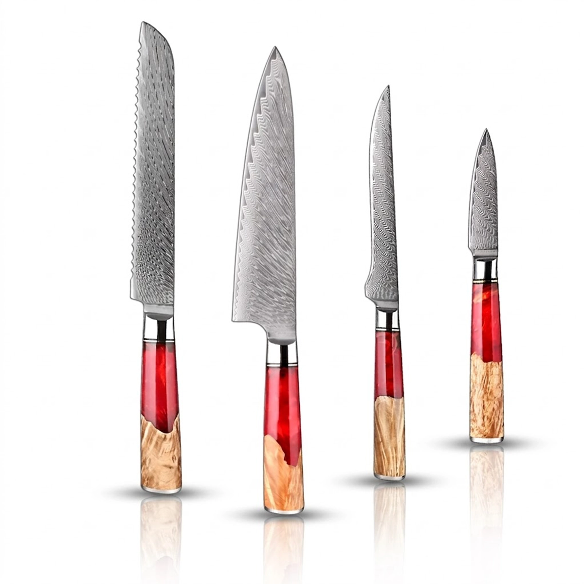 4-Piece Japanese VG10 Damascus Kitchen Knife Set with Red Resin Handle