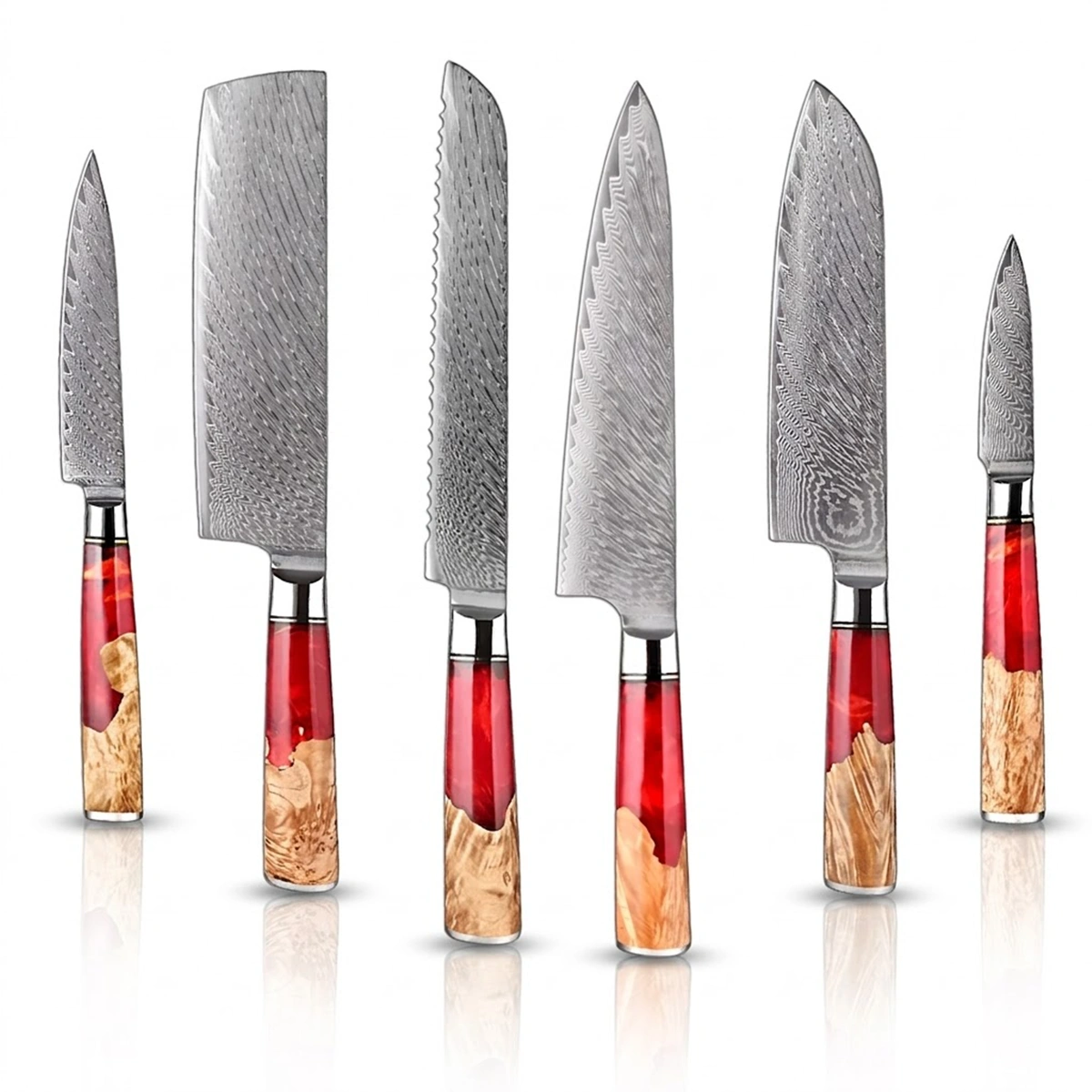 6-Piece Japanese VG10 Damascus Kitchen Knife Set with Red Resin Handle