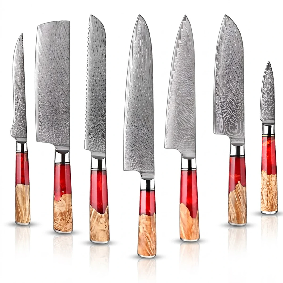 7-Piece Japanese VG10 Damascus Kitchen Knife Set with Red Resin Handle