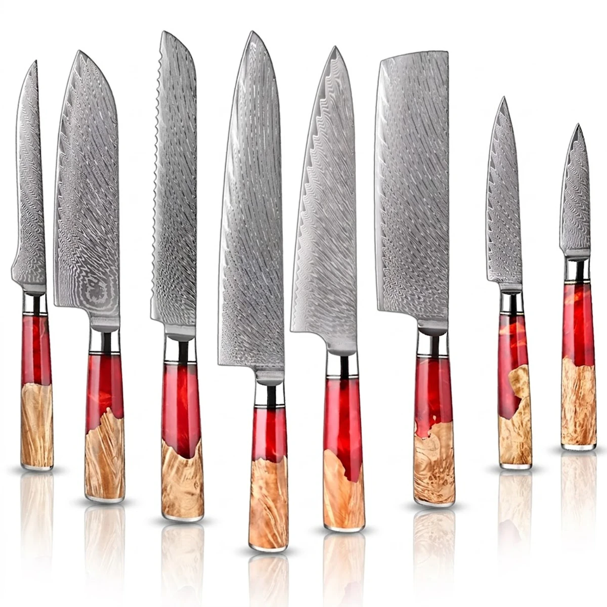 8-Piece Japanese VG10 Damascus Kitchen Knife Set with Red Resin Handle