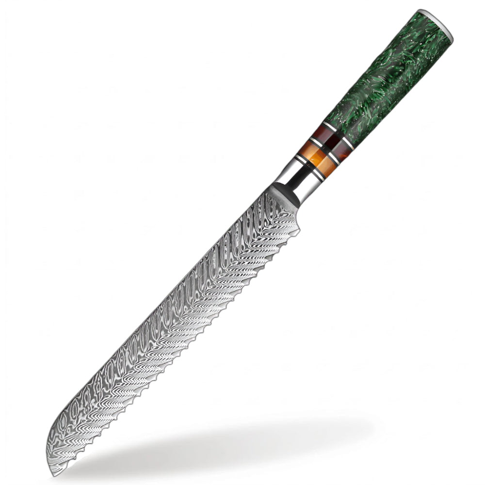 Damascus Steel 8 Inch Bread knife with Green Resin Handle