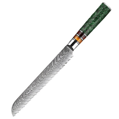 Damascus Steel 8 Inch Bread knife with Green Resin Handle