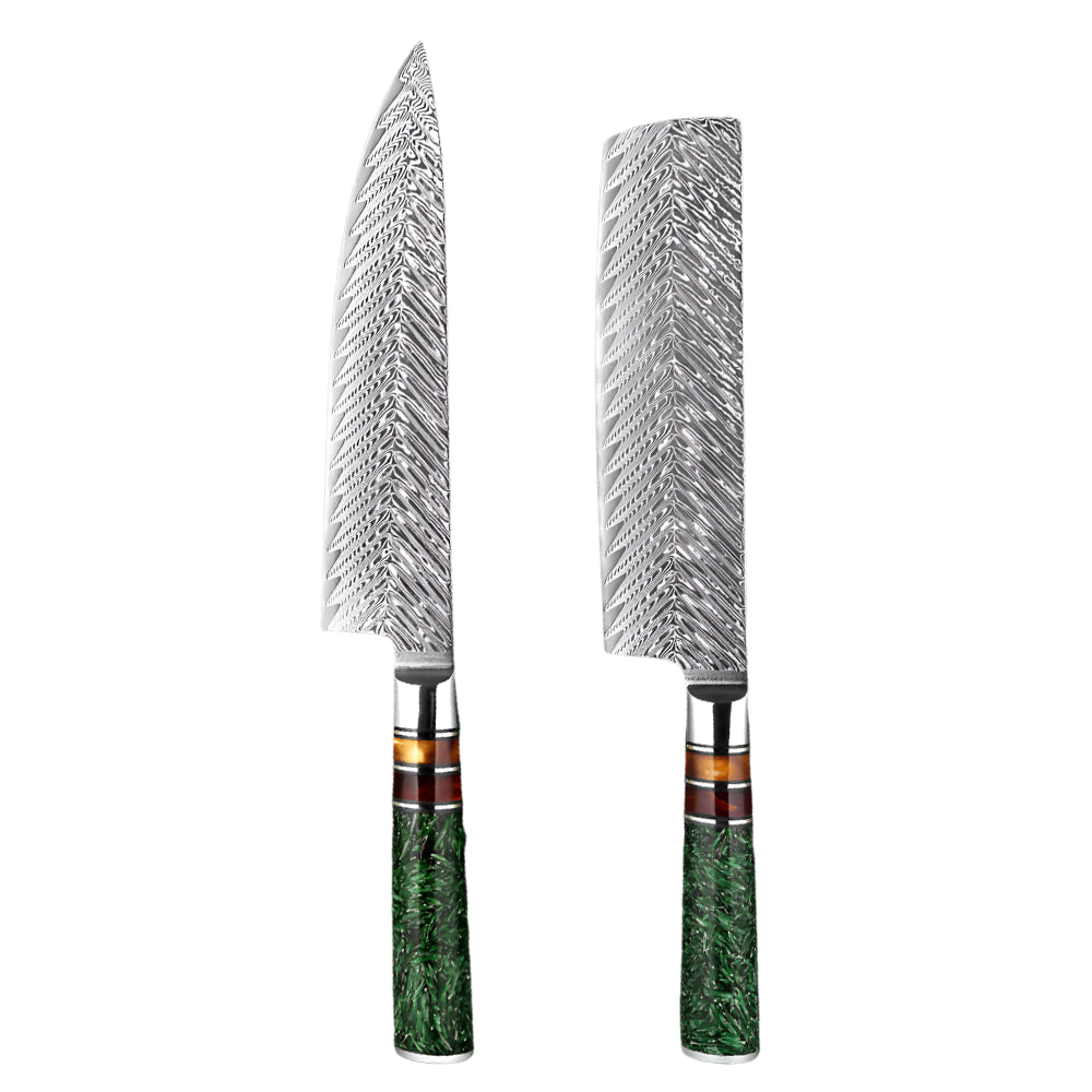 Damascus Steel 8 Inch Chef knife and a 7 Inch Nakiri knife with Green Resin Handle