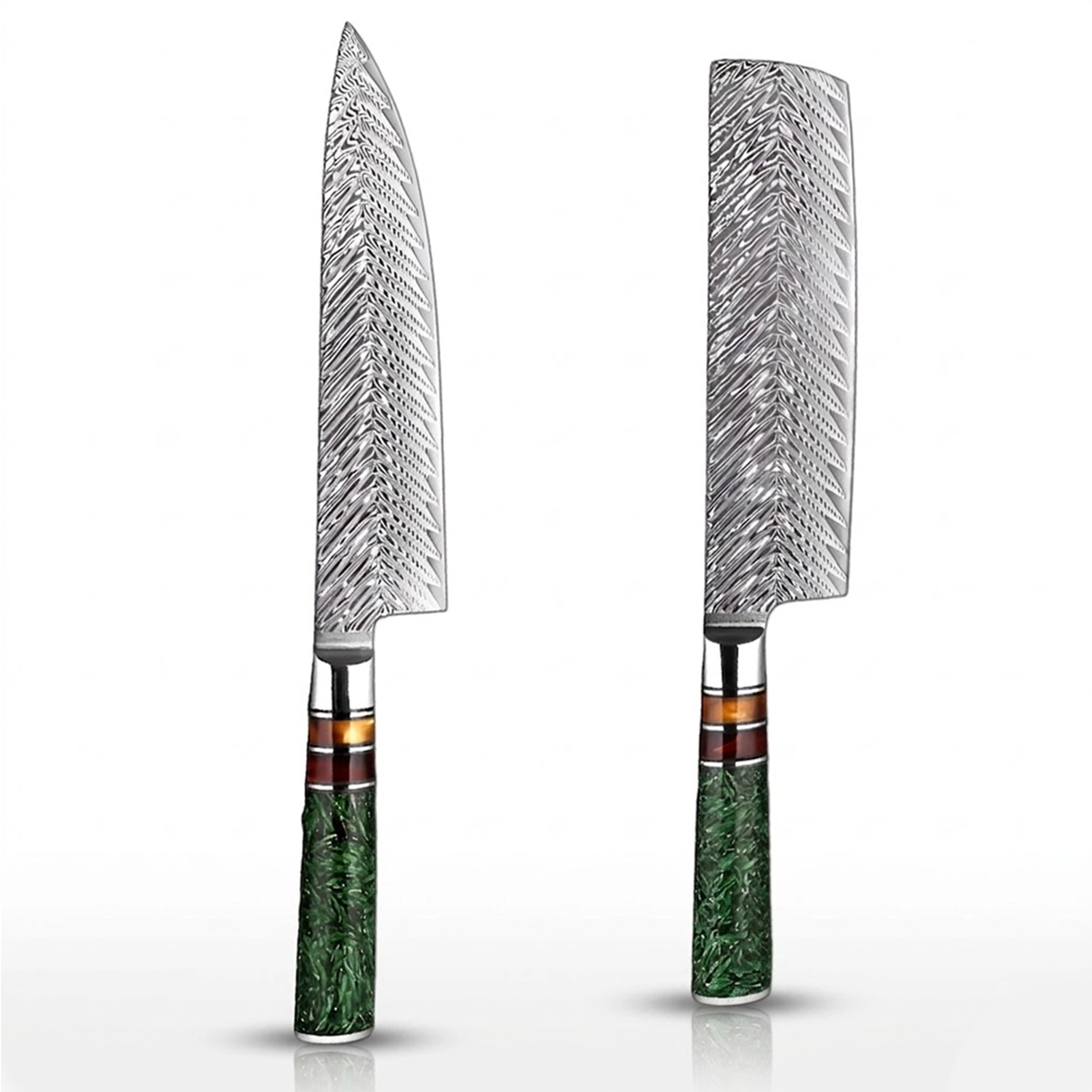 Damascus Steel 8 Inch Chef knife and a 7 Inch Nakiri knife with Green Resin Handle