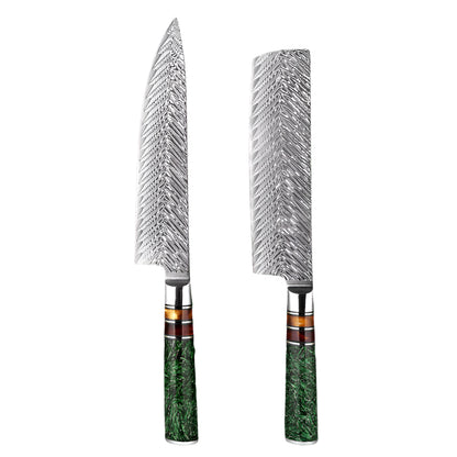 Damascus Steel 8 Inch Chef knife and a 7 Inch Nakiri knife with Green Resin Handle