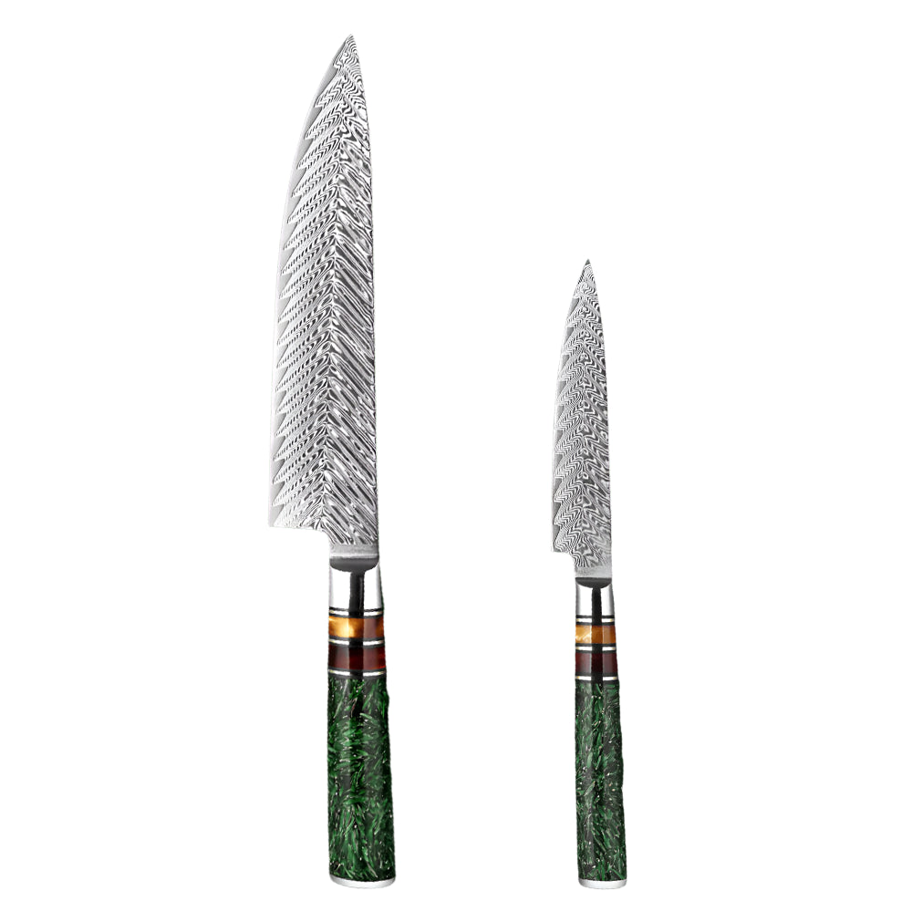 Damascus Steel 8 Inch Chef knife and a  5 Inch Utility knife with Green Resin Handle