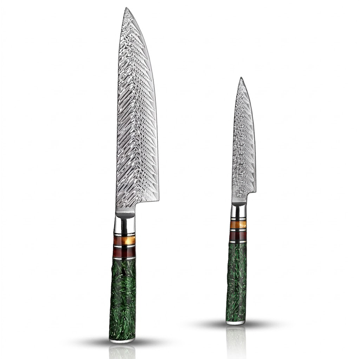 Damascus Steel 8 Inch Chef knife and a  5 Inch Utility knife with Green Resin Handle