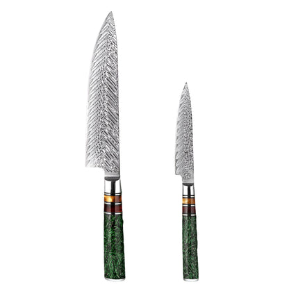 Damascus Steel 8 Inch Chef knife and a  5 Inch Utility knife with Green Resin Handle