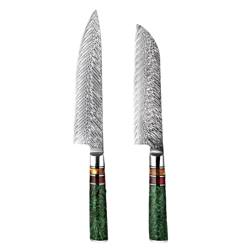 Damascus Steel 8 Inch Chef knife and a 7 Inch Santoku knife with Green Resin Handle