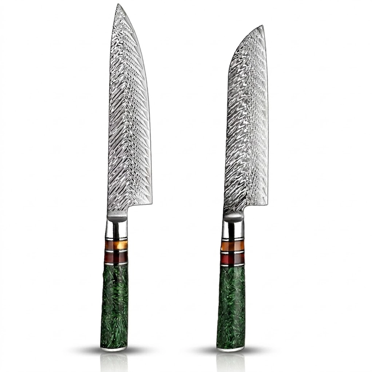 Damascus Steel 8 Inch Chef knife and a 7 Inch Santoku knife with Green Resin Handle