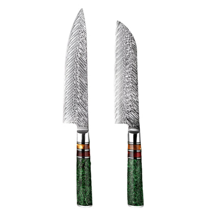 Damascus Steel 8 Inch Chef knife and a 7 Inch Santoku knife with Green Resin Handle