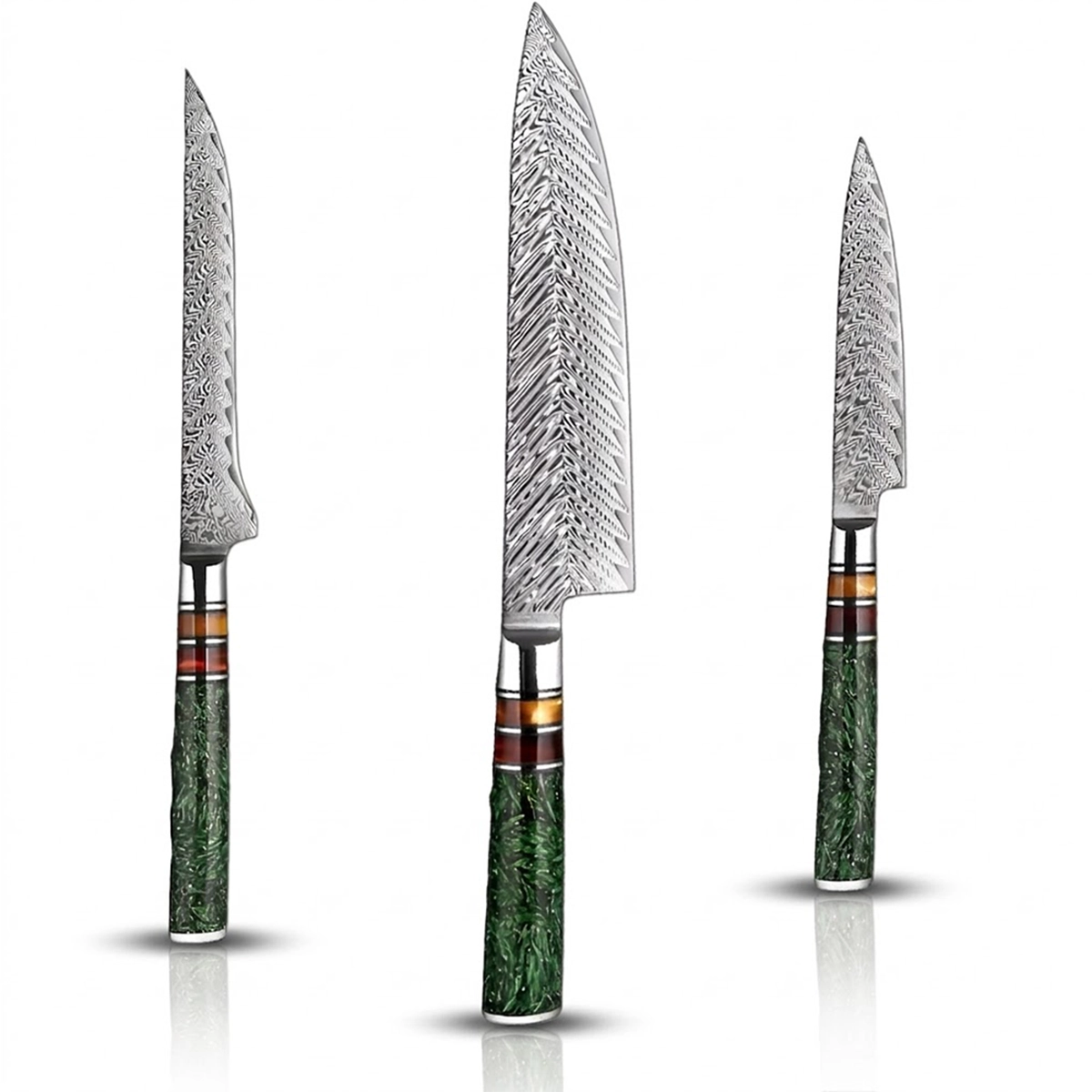 Damascus Steel 8 Inch Chef knife, 5.5 Inch Boning knife and a 5 Inch Utility knife with Green Resin Handle