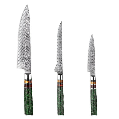 Damascus Steel 8 Inch Chef knife, 5.5 Inch Boning knife and a 5 Inch Utility knife with Green Resin Handle