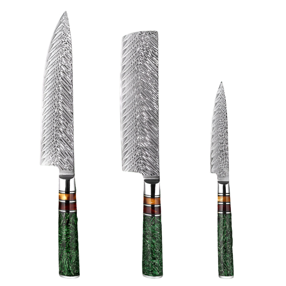 Damascus Steel 8 Inch Chef knife, 7 Inch Nakiri knife and a 5 Inch Utility knife with Green Resin Handle
