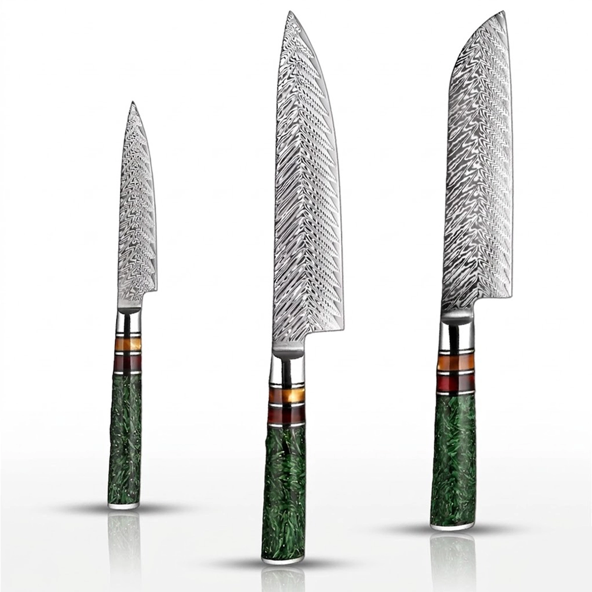 3 PCS Damascus Steel Knife Set with Green Resin Handle