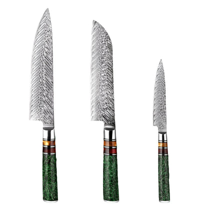 3 PCS Damascus Steel Knife Set with Green Resin Handle