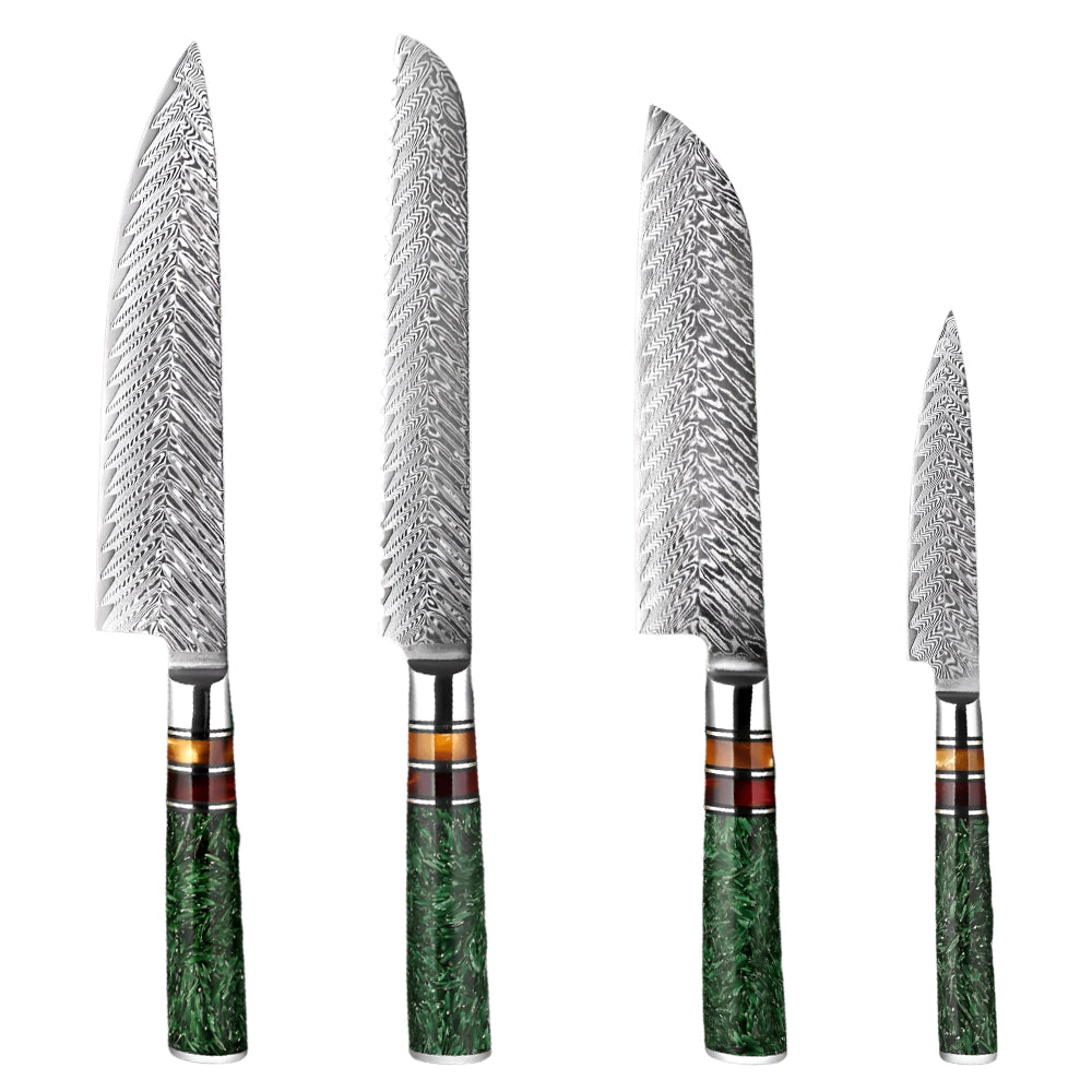 4 PCS Damascus Steel Knife Set with Green Resin Handle