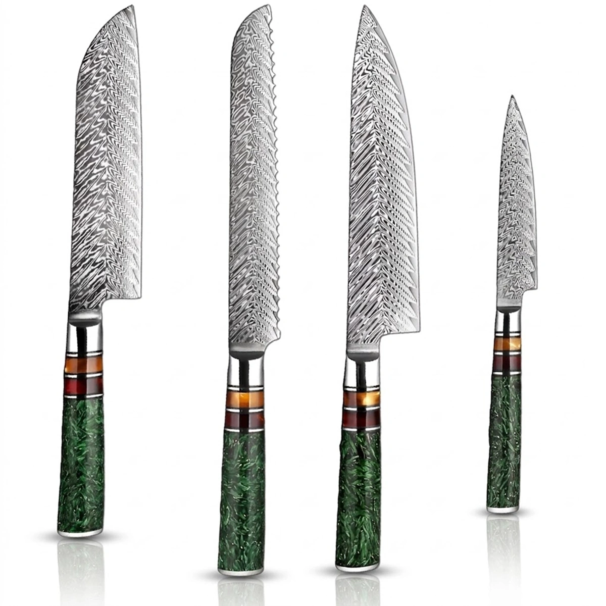4 PCS Damascus Steel Knife Set with Green Resin Handle