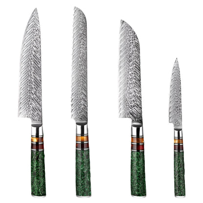4 PCS Damascus Steel Knife Set with Green Resin Handle