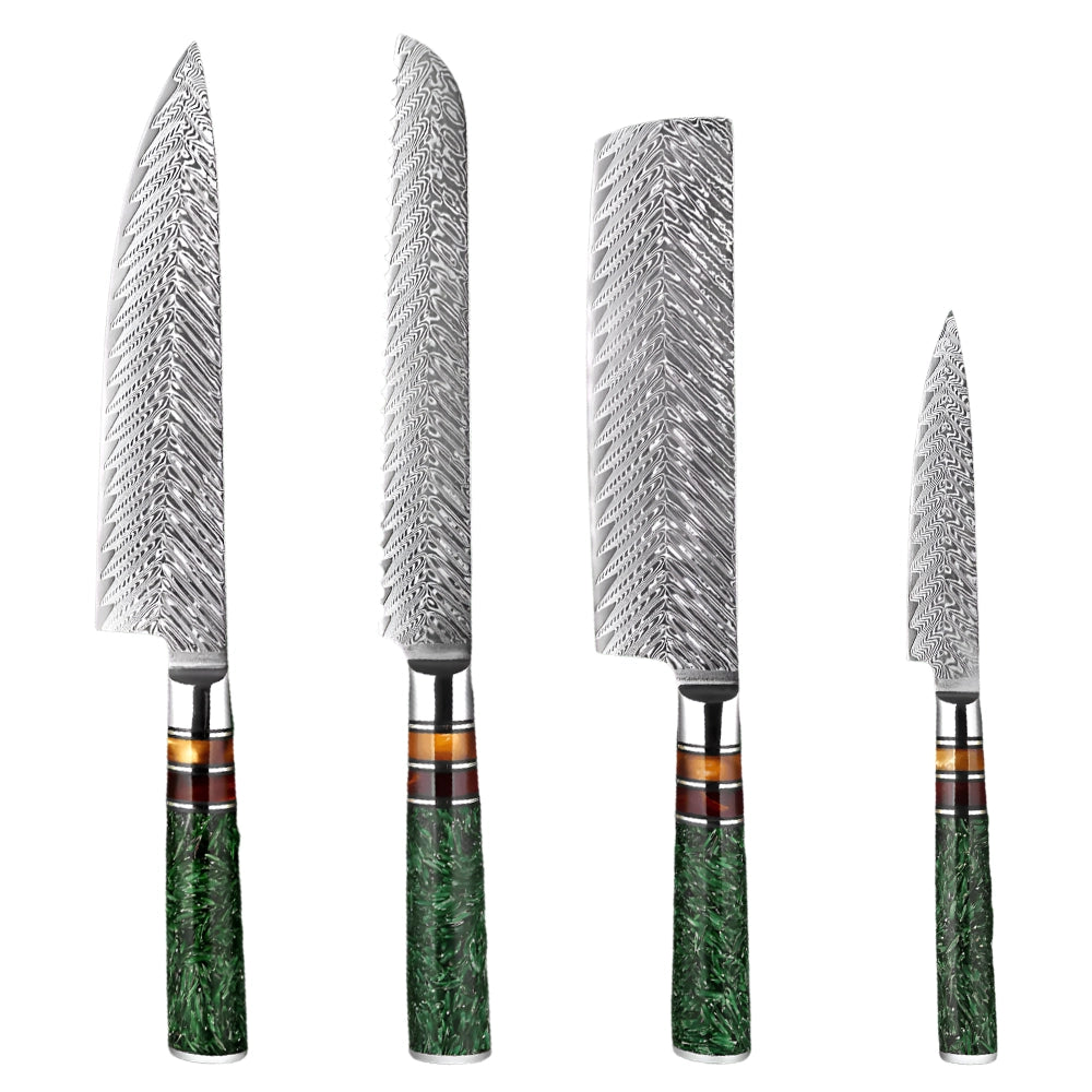 4 PCS Damascus Steel Knife Set with Green Resin Handle