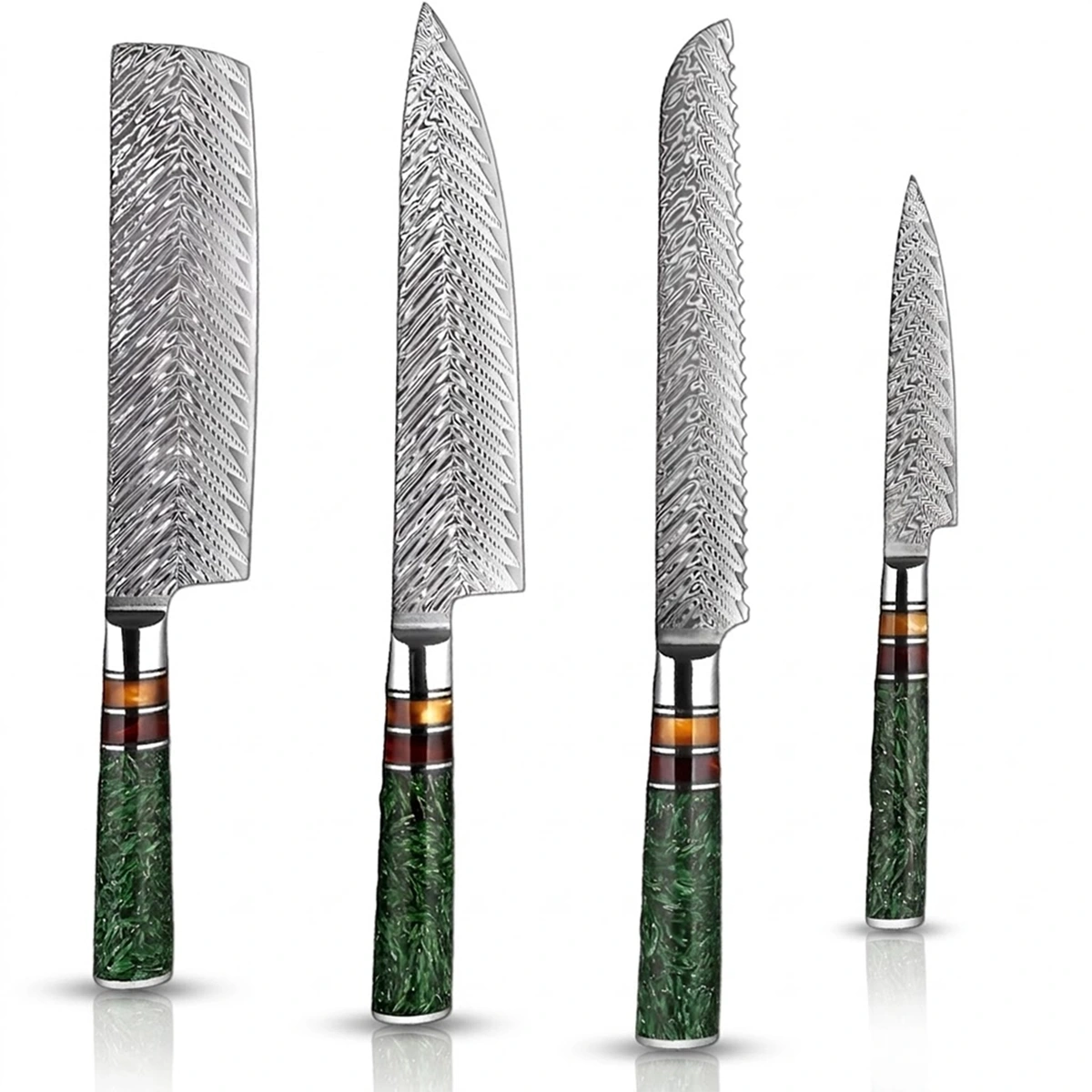 4 PCS Damascus Steel Knife Set with Green Resin Handle