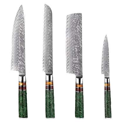 4 PCS Damascus Steel Knife Set with Green Resin Handle