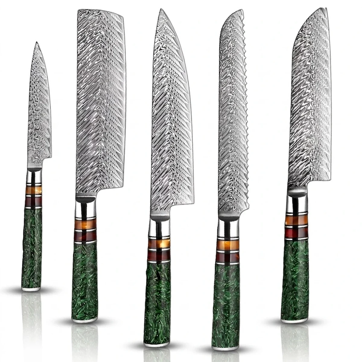 5 PCS Damascus Steel Knife Set with Green Resin Handle
