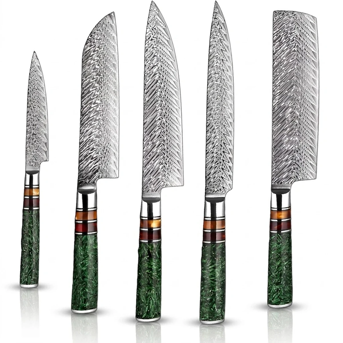 5 PCS Damascus Steel Knife Set with Green Resin Handle