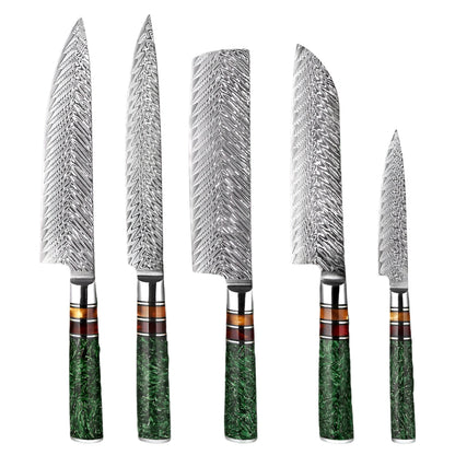 5 PCS Damascus Steel Knife Set with Green Resin Handle