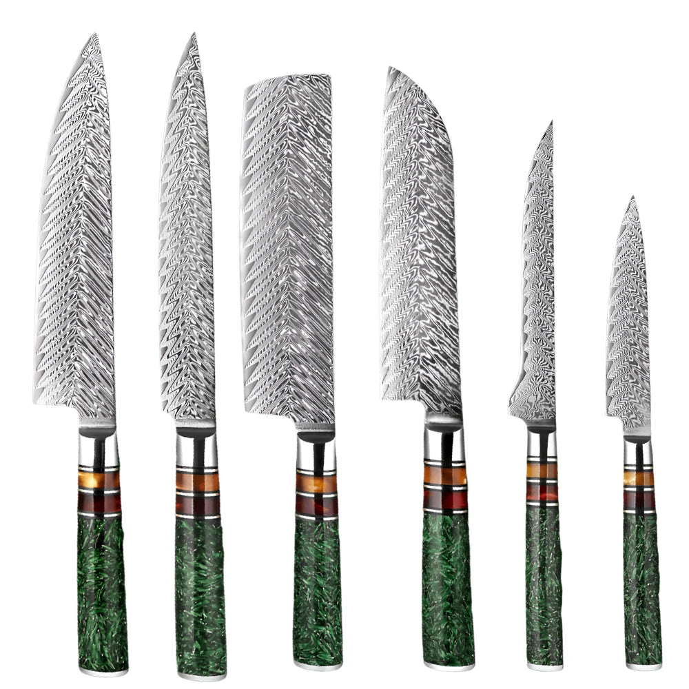 6 PCS Damascus Steel Knife Set with Green Resin Handle