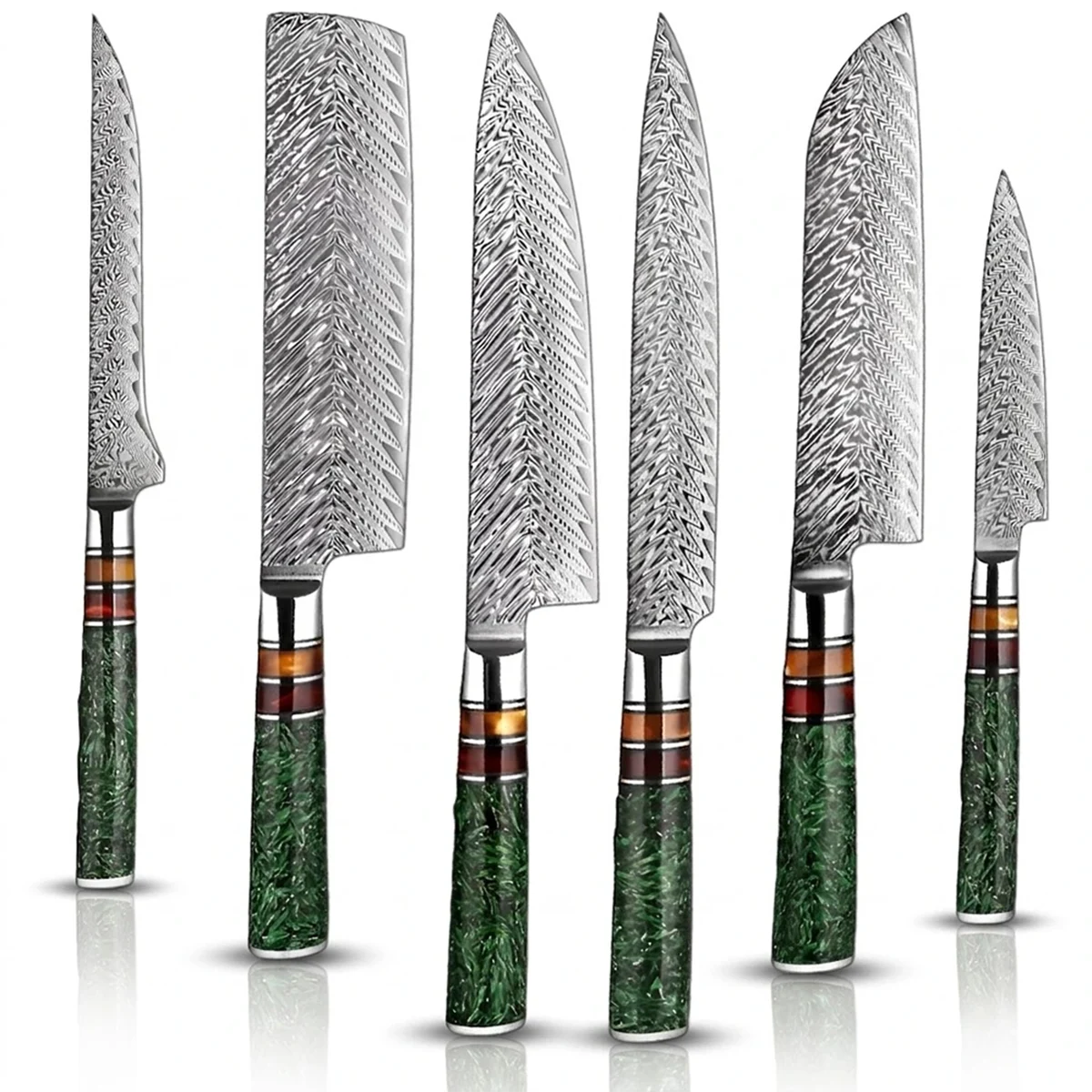 6 PCS Damascus Steel Knife Set with Green Resin Handle