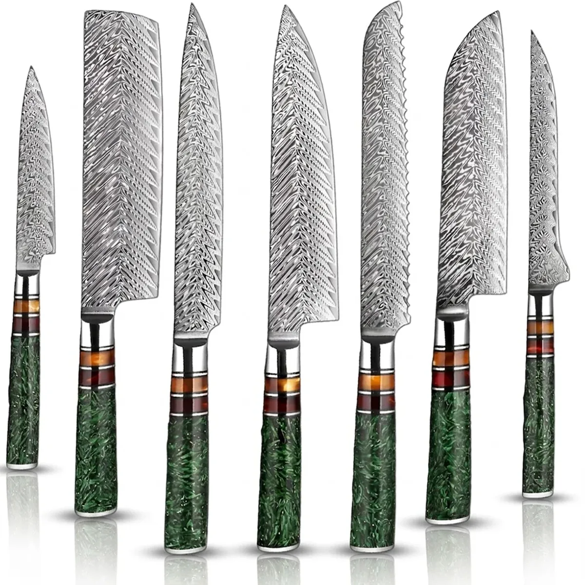 7 PCS Damascus Steel Knife Set with Green Resin Handle